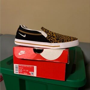 Nike Black and Gold Leopard Slip-On Shoes
